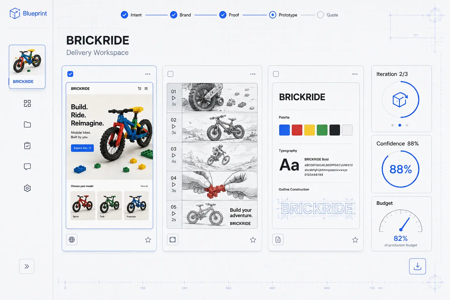 Blueprint BRICKRIDE delivery workspace with proof gallery, iteration status and quote confidence