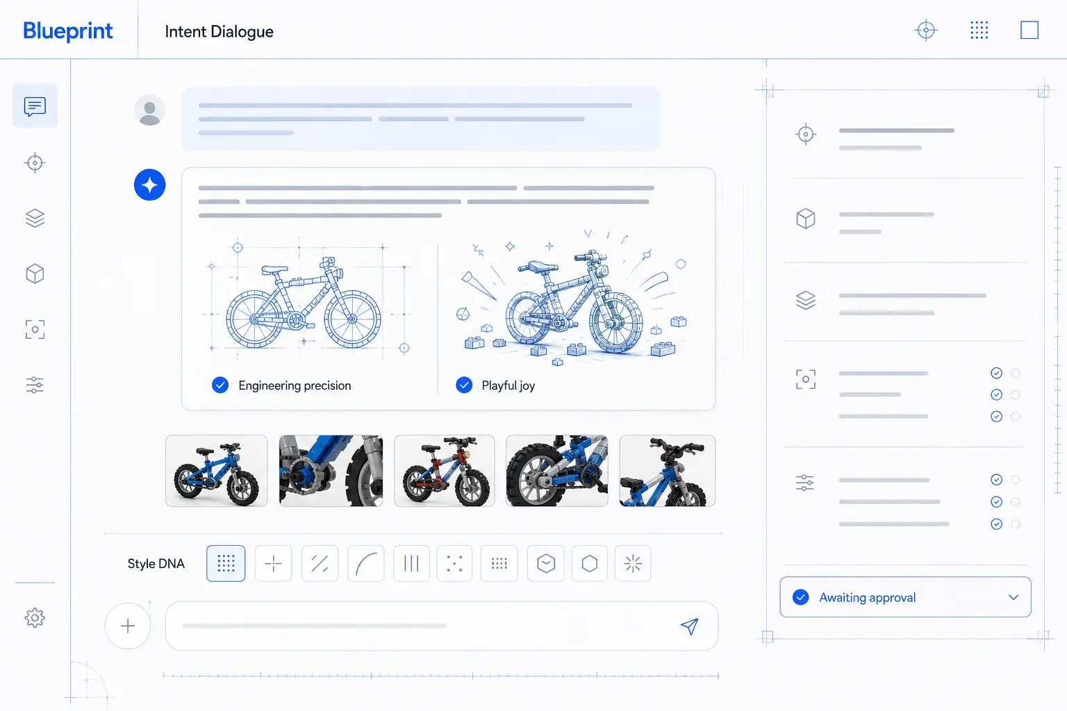 Blueprint intent dialogue workspace showing BRICKRIDE references, engineering precision, playful joy and Style DNA approval